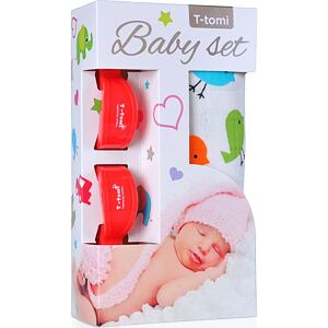 T-TOMI BIO Bambusová osuška birds / ptáčci + kočárkový kolíček red / červená