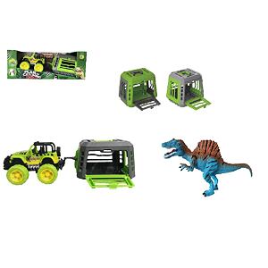 Jeep s prívesom a dinosaurom