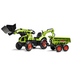 FALK Šliapací traktor Claas - bager s prednou a zadnou lyžicou a prívesom
