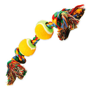 Hračka DOG FANTASY farebná 2 knôty + 2 tenisáky 35 cm 1 ks
