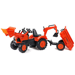 FALK Šlapací traktor Kubota s přední a zadní lžící a přívěsem - oranžový