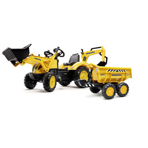 FALK Šlapací traktor Komatsu s bagrem a Maxi sklápěč přívěs - žlutá
