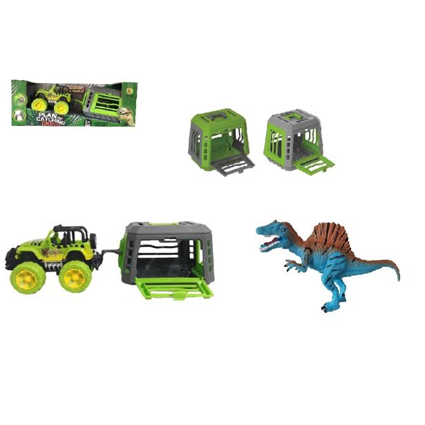 Jeep s prívesom a dinosaurom