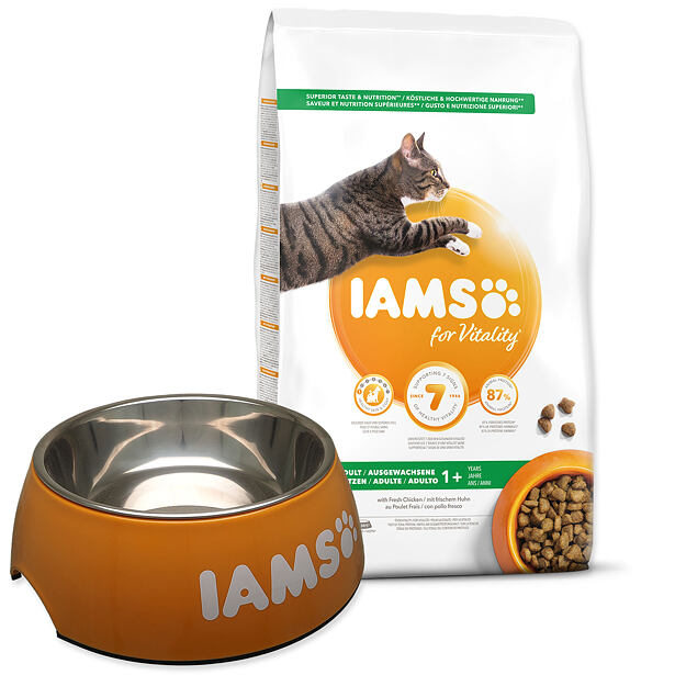 Iams Cat Adult Chicken 10kg + Iams miska 750ml