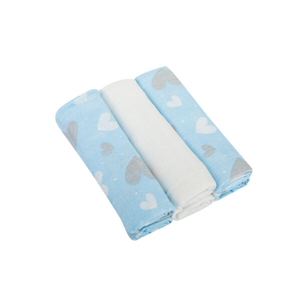 Pleny bavlna Premium potisk,80x70 cm, (3ks), SRDÍČKO  MODRÁ