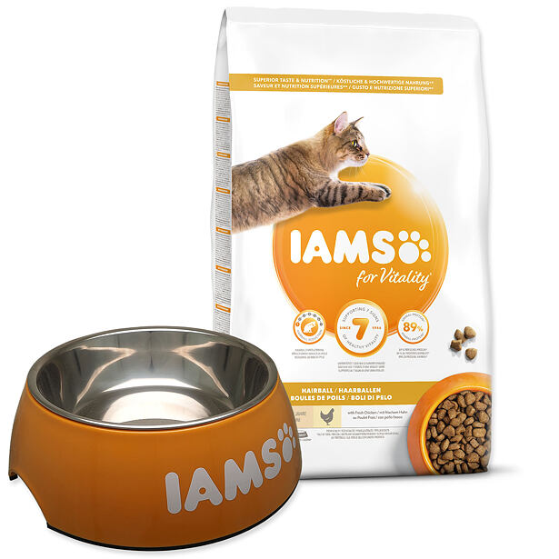 Iams Cat Adult Hairball Chicken 10kg + Iams miska 750ml