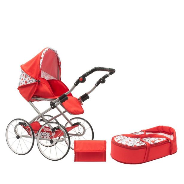 Dětský Retro kočárek pro panenky 2v1 New Baby Anička červený se srdíčky