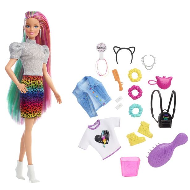 MATTEL Barbie Leopardí panenka s duhovými vlasy a doplňky