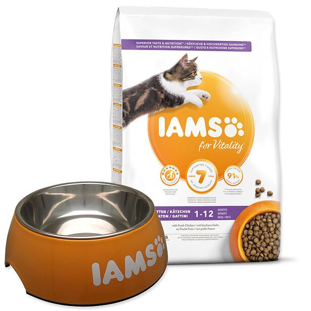 Iams Cat Kitten Chicken 10kg + Iams miska 750ml