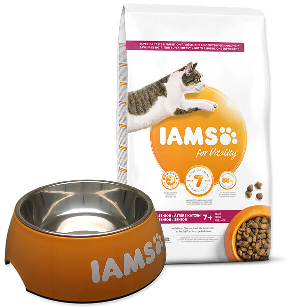 Iams Cat Senior Chicken 10kg + Iams miska 750ml