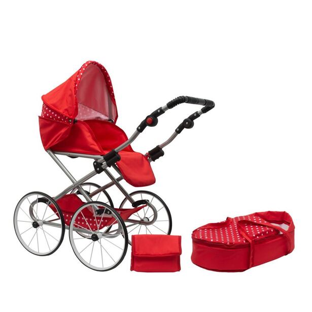 New Baby Dětský Retro kočárek pro panenky 2v1 Magdalena červený s puntíky