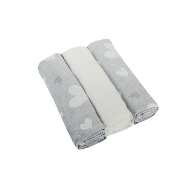Pleny bavlna Premium  potisk,80x70 cm, (3ks), SRDÍČKO ŠEDÁ