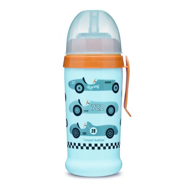 CANPOL BABIES Fľaša športová s nevylievacou slamkou AUTA 350ml sv.modrá